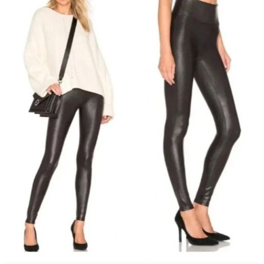 Women's Black Spanx Faux Leather Leggings Size Medium Petite MP
